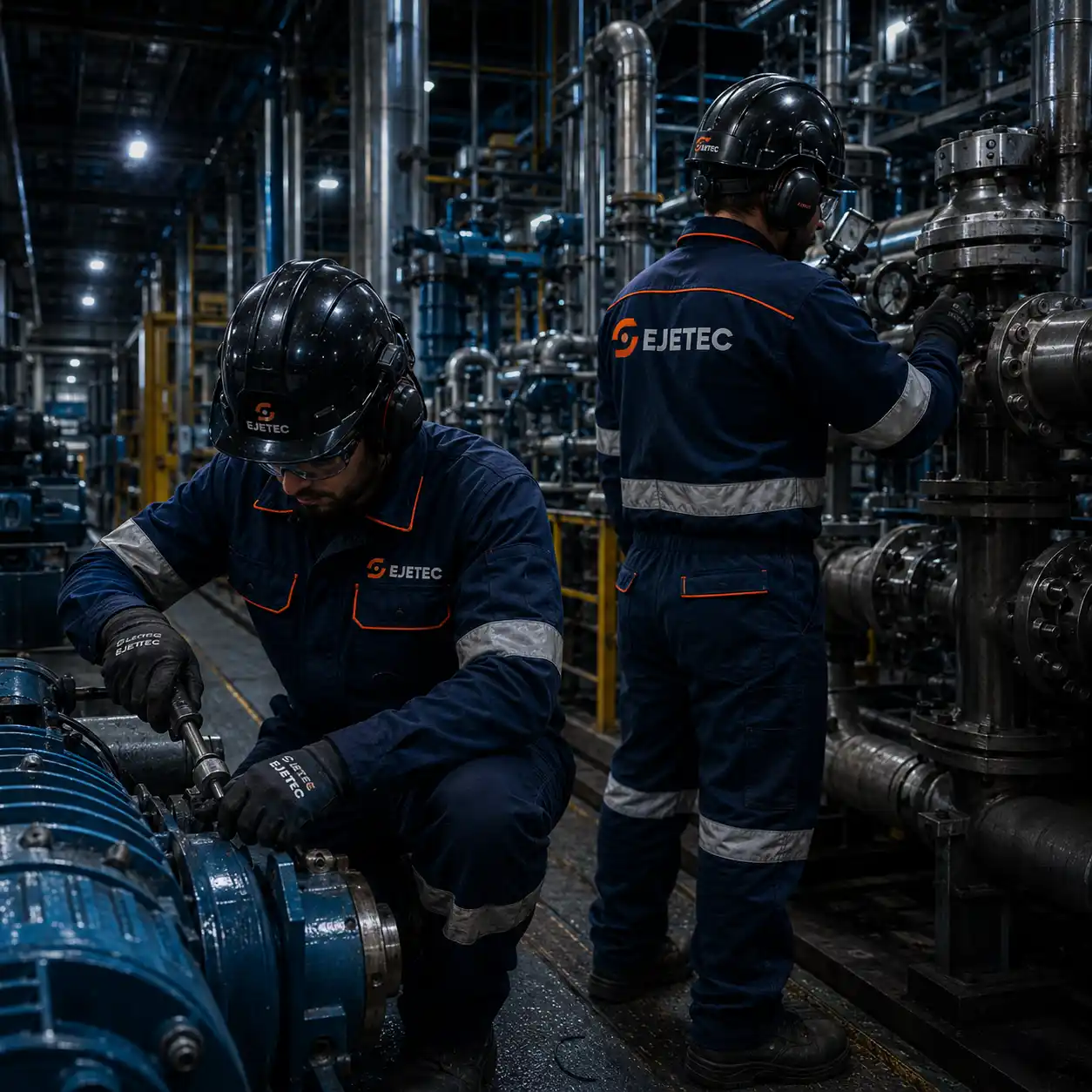 Equipe da Ejetec executando manutenção industrial em equipamento